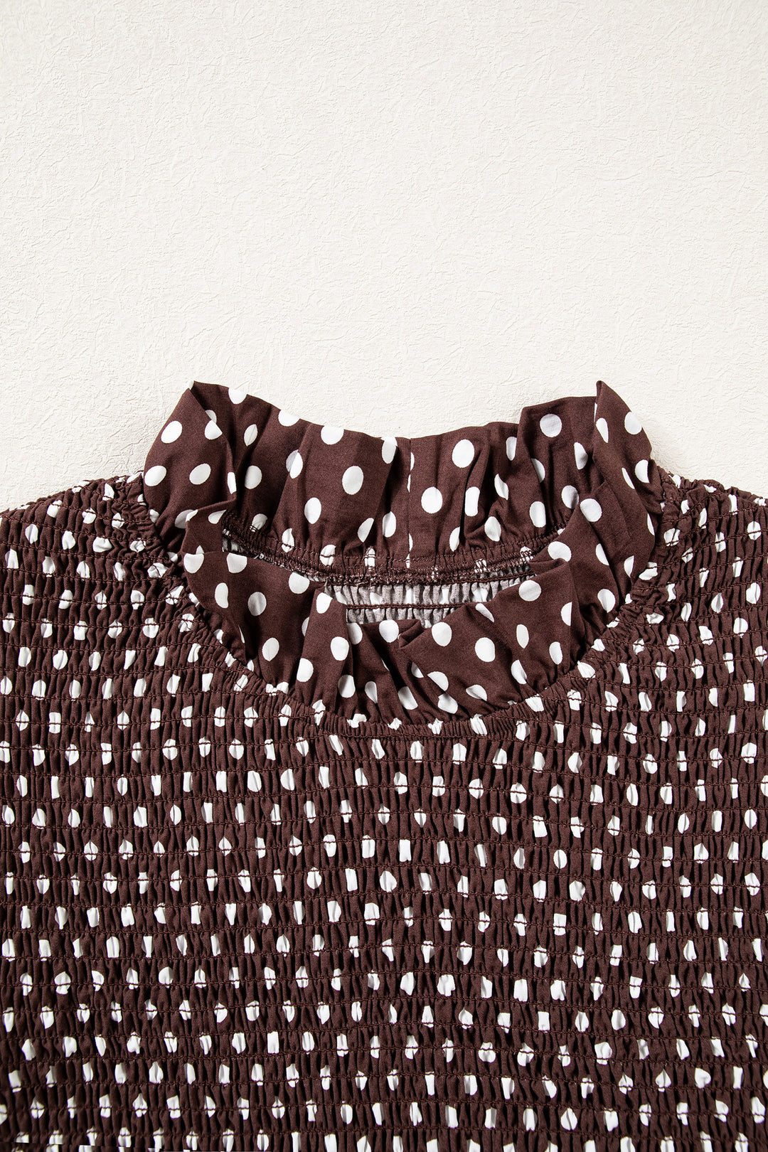 Brown Polka Dot Ruffled High Neck Shirred Ruffle Hem Blouse