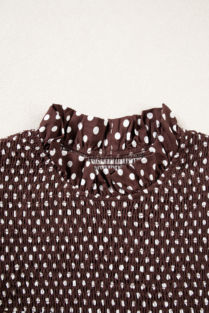 Brown Polka Dot Ruffled High Neck Shirred Ruffle Hem Blouse