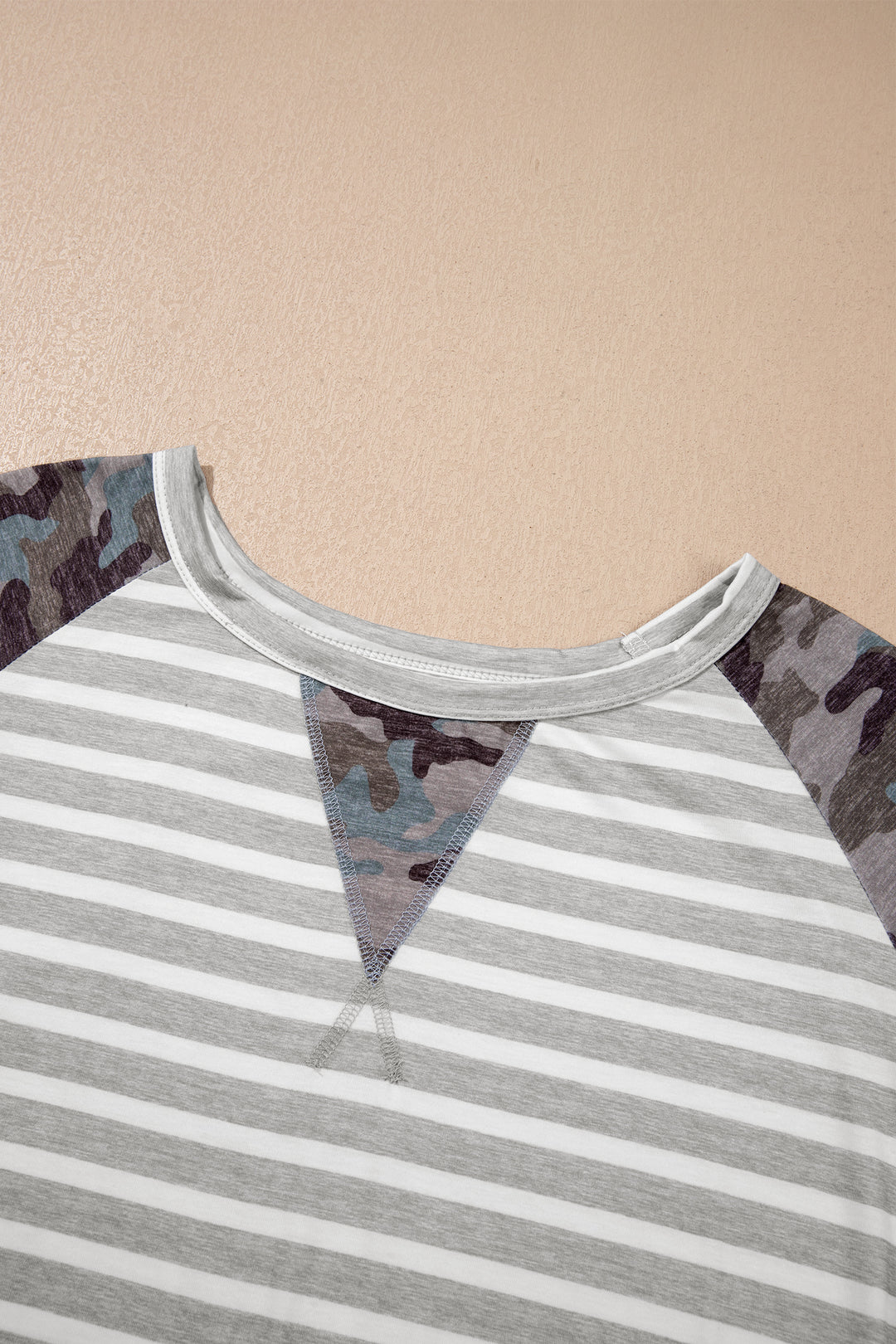 Gray Stripe Camo Sleeve Striped Colorblock Round Neck Long Sleeve Plus Size Blouse