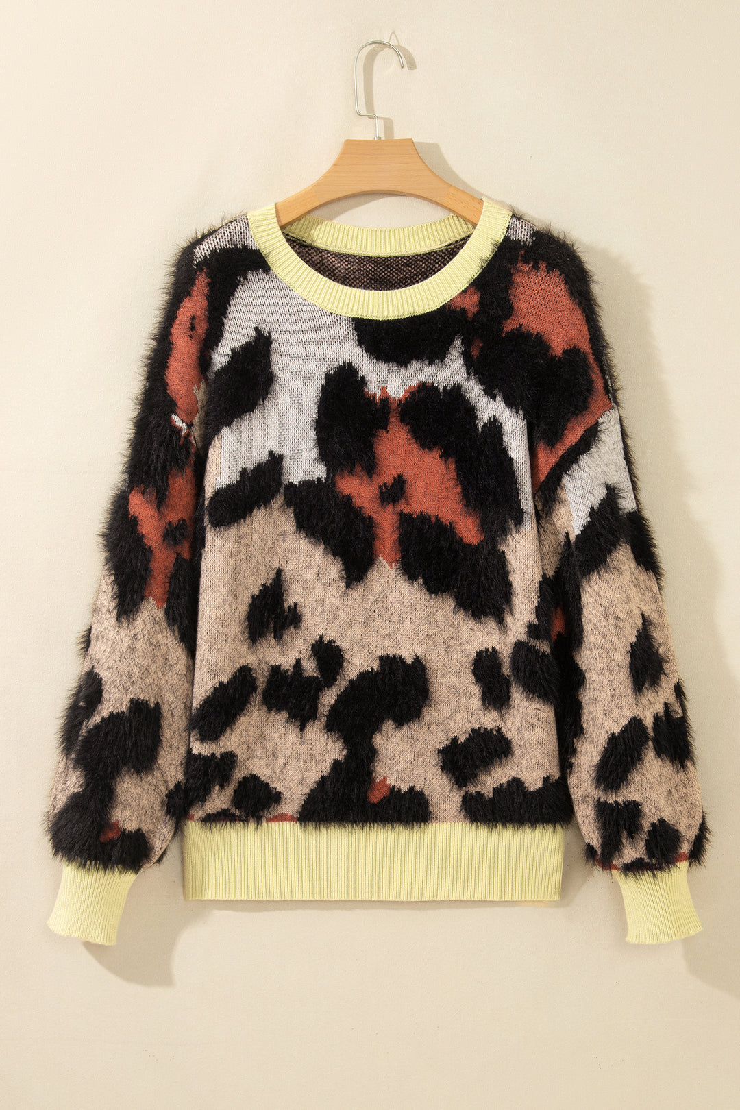 Khaki Leopard Print Drop Shoulder Long Sleeve Round Neck Sweater