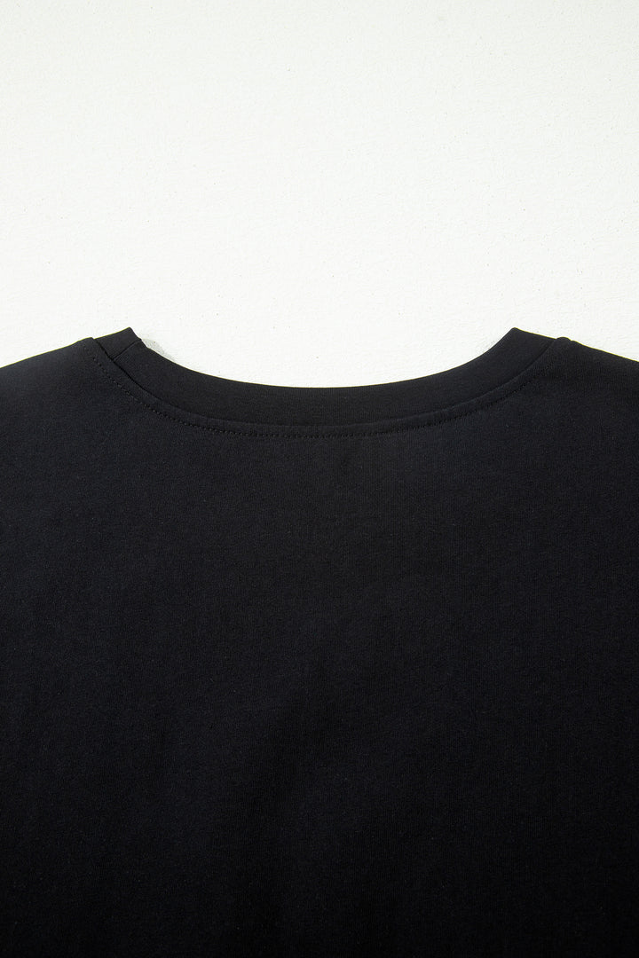 Black Leopard Bow Embroidered Cotton Round Neck T Shirt
