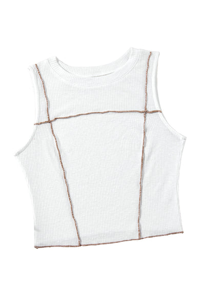 White Contrast Seams Ribbed Tank Top