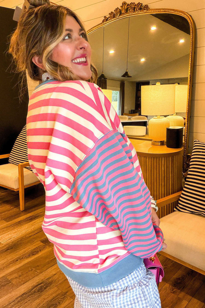Pink Stripe Colorblock Striped Crewneck Long Sleeve Shift Tunic Plus Size Sweatshirt