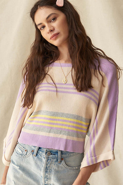 Purple Stripe Borderline Rib Knit Cuffed Dolman Sleeve Sweater