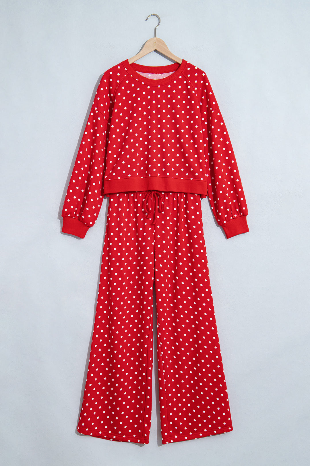 Red Polka Dot Drawstring Wide Leg Long Sleeve Top Pant Set
