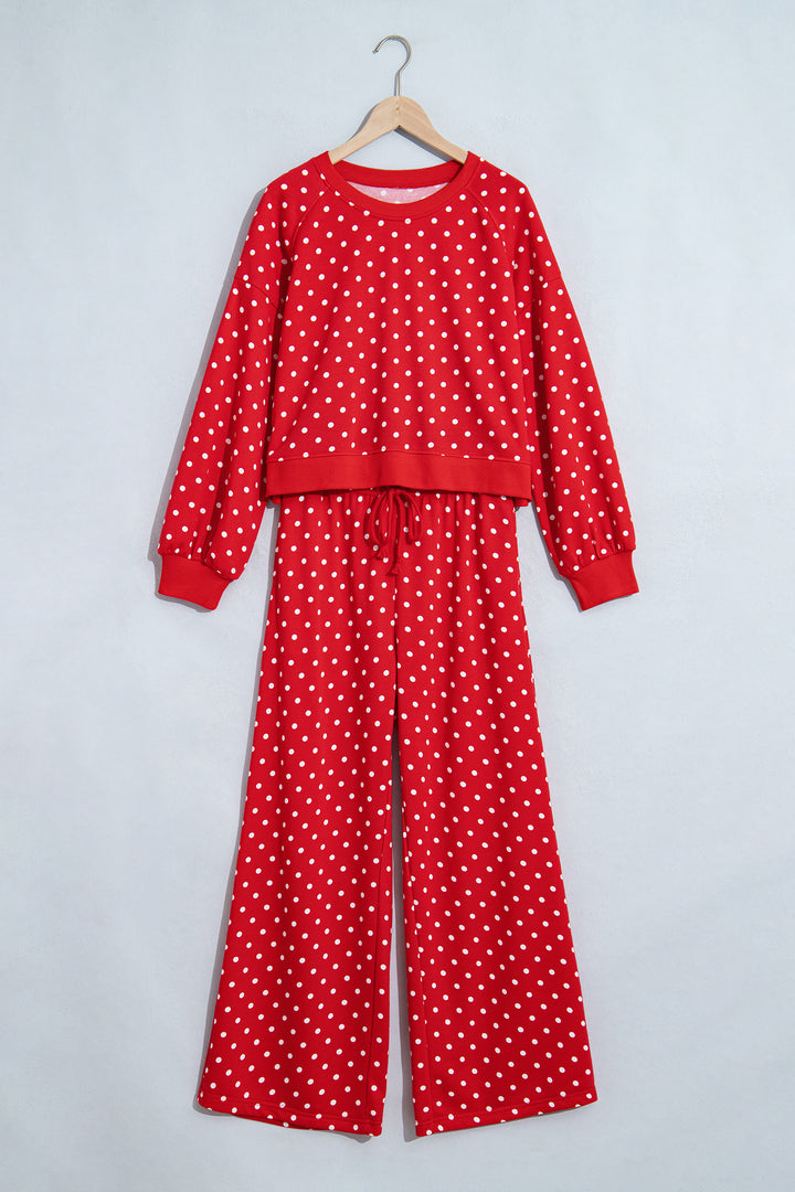 Red Polka Dot Drawstring Wide Leg Long Sleeve Top Pant Set