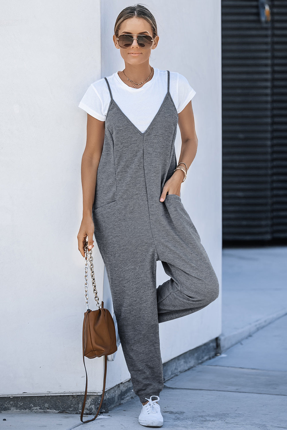 Gray Textured Sleeveless V-Neck Pocketed Casual Jumpsuit