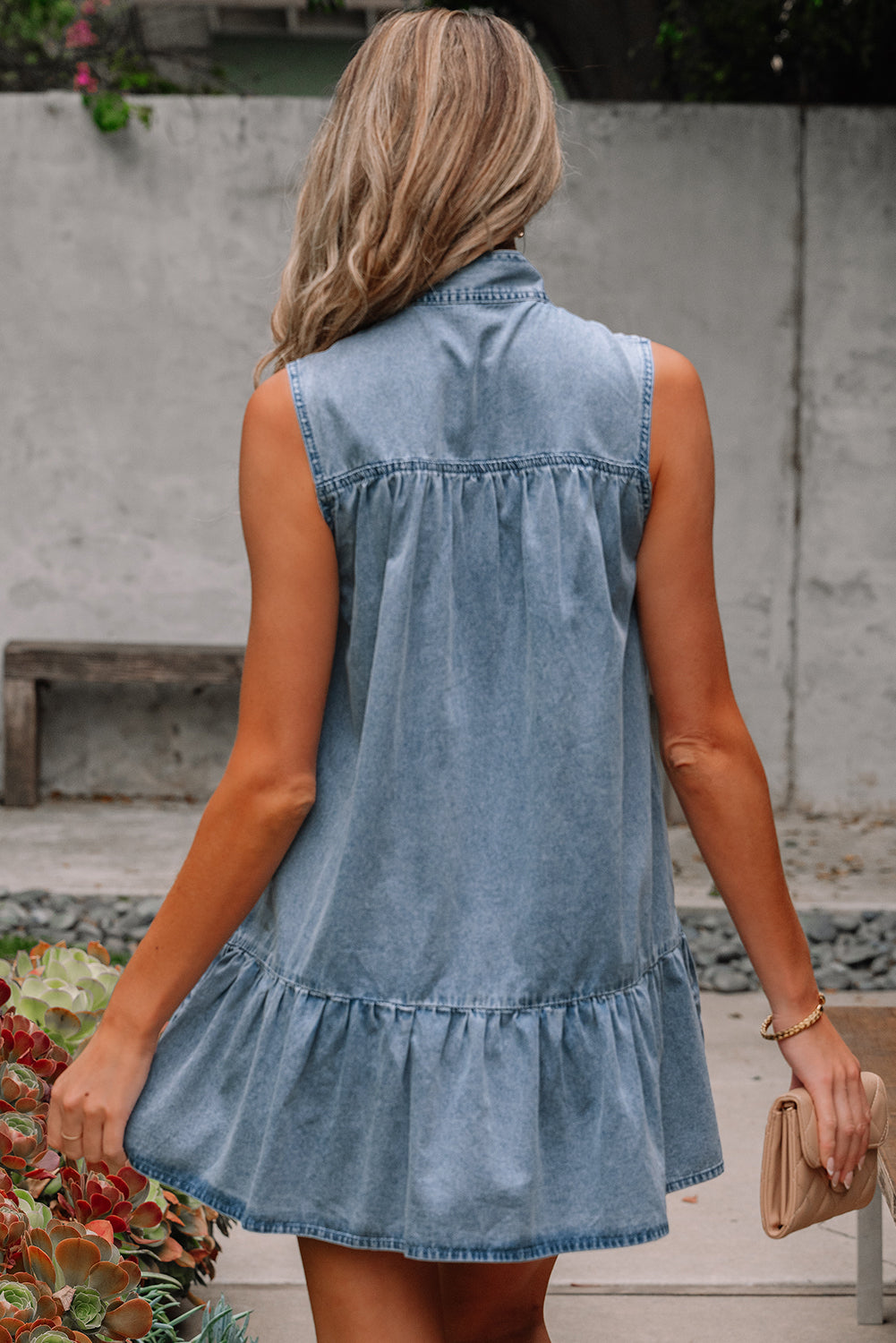 Clare Sleeveless Ruffled Chambray Dress