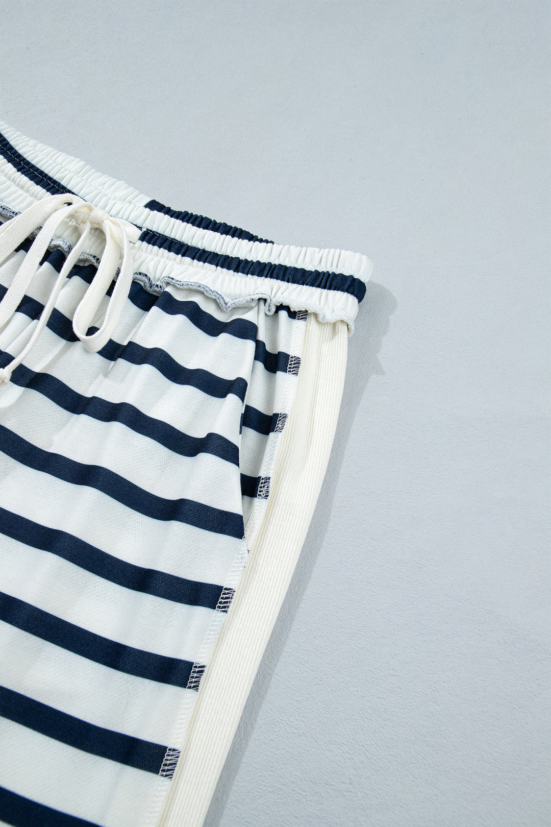 Blue Stripe Striped Ribbed Cuff Collar Pocket Loose Pant Set