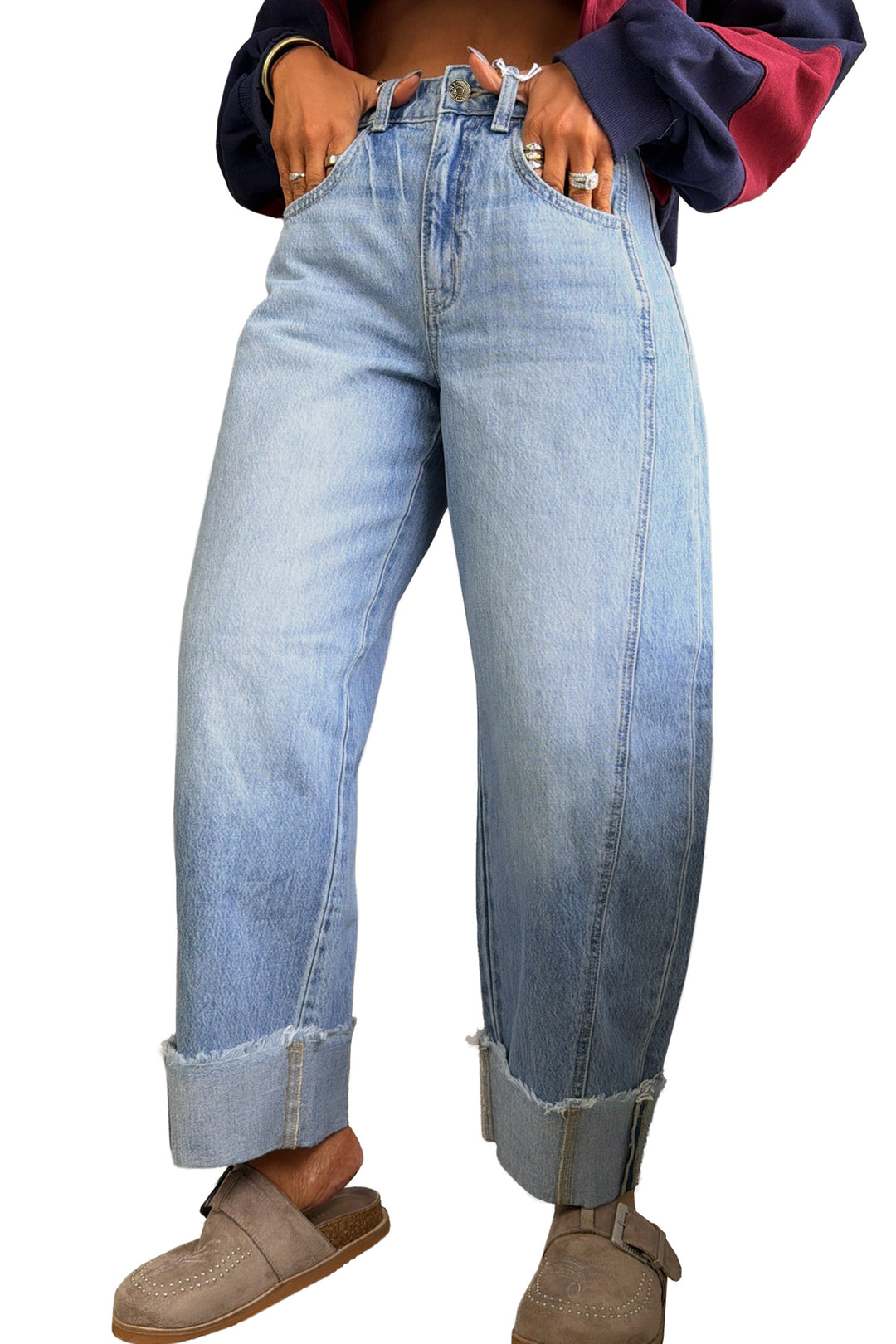Sail Blue Raw Hem Turnup Loose Ankle-length Jeans