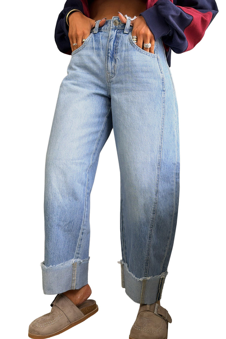 Sail Blue Raw Hem Turnup Loose Ankle-length Jeans