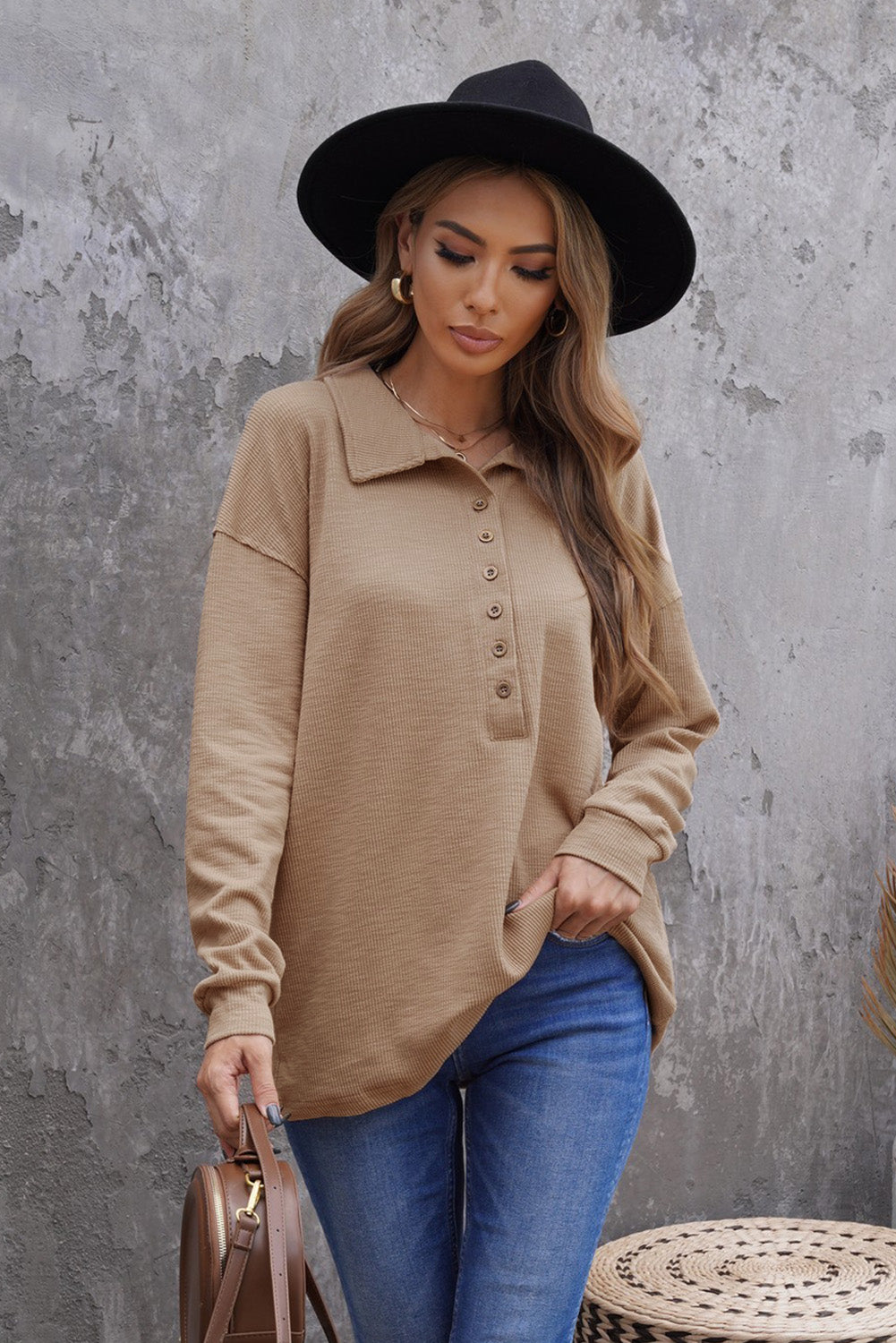 Khaki Button Front Turn-down Neck Knit Top