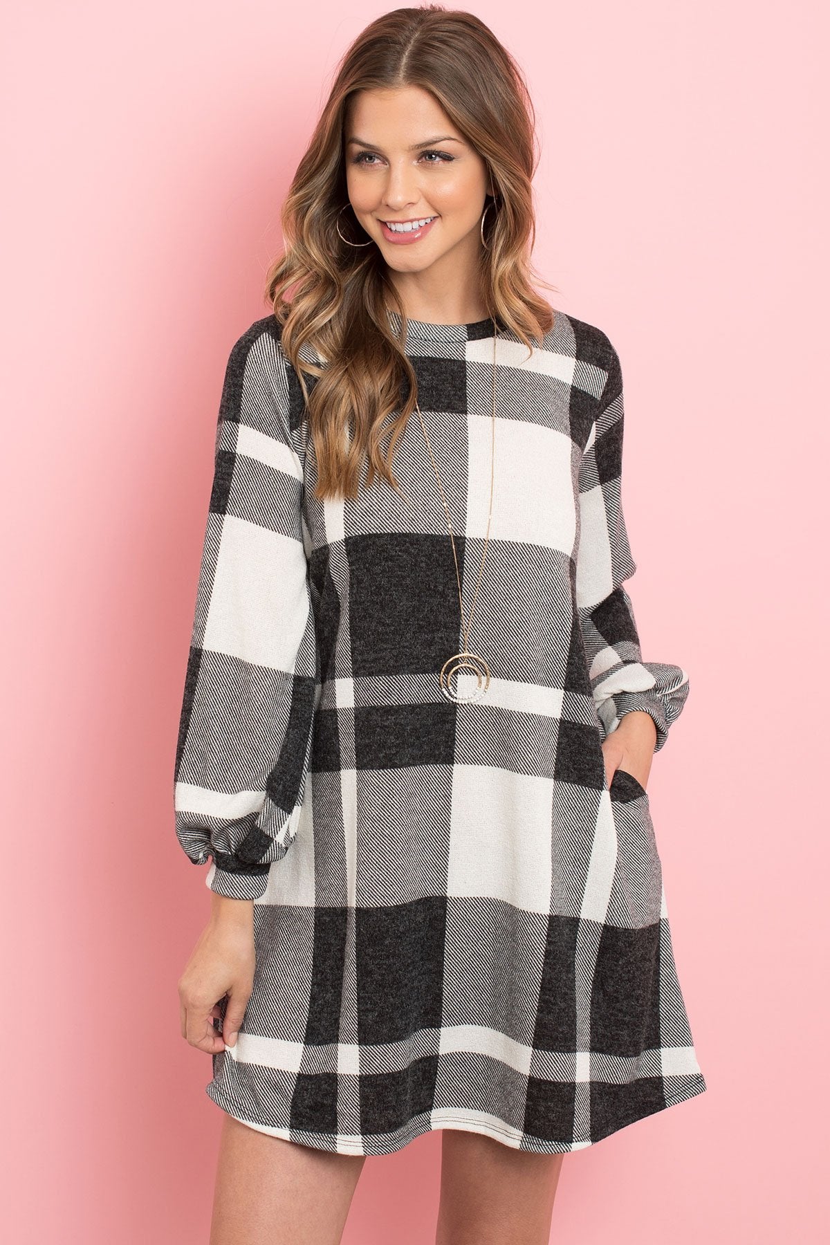 Round Neck Puff Sleeved Plaid Knee Length Dress