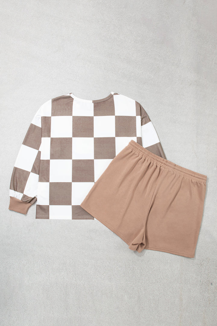 Khaki Checkered Contrast Long Sleeve Top Solid Shorts Plus Size 2pcs Set