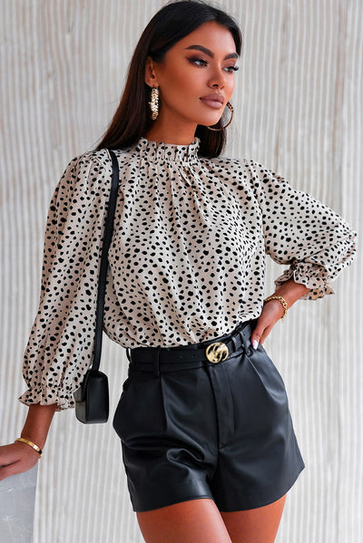 Khaki Frilled Neck 3/4 Sleeves Cheetah Blouse