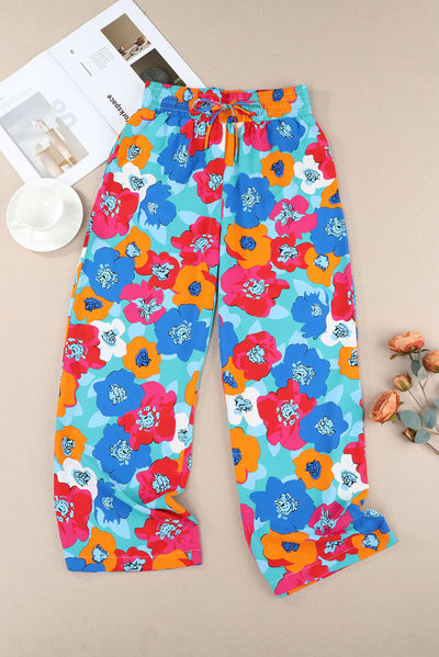 Multicolor Abstract Floral Print Drawstring Wide Waistband Pants