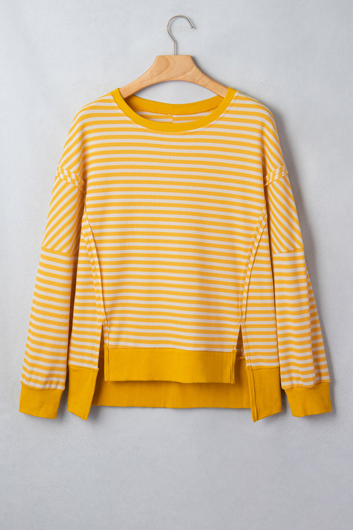 Khaki Stripe Textured Knit Color Block Trim Split Hem Long Sleeve Top