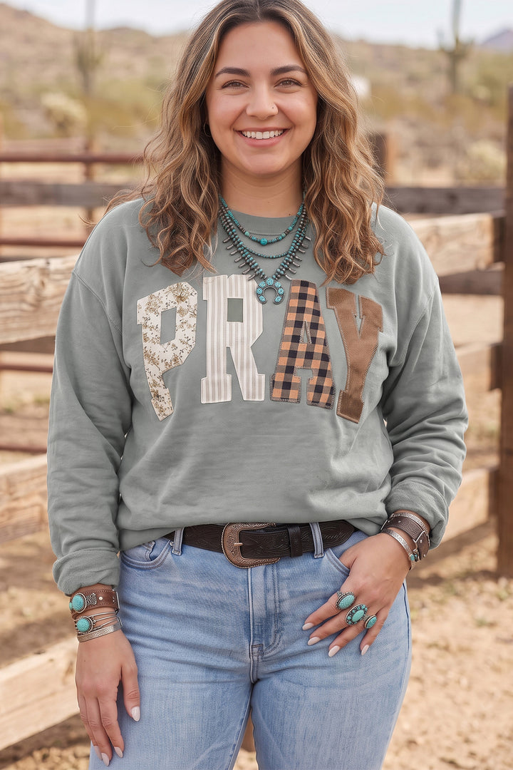 Coffee PRAY Letter Patchwork Round Neck Long Sleeve Plus Size Sweatshirt