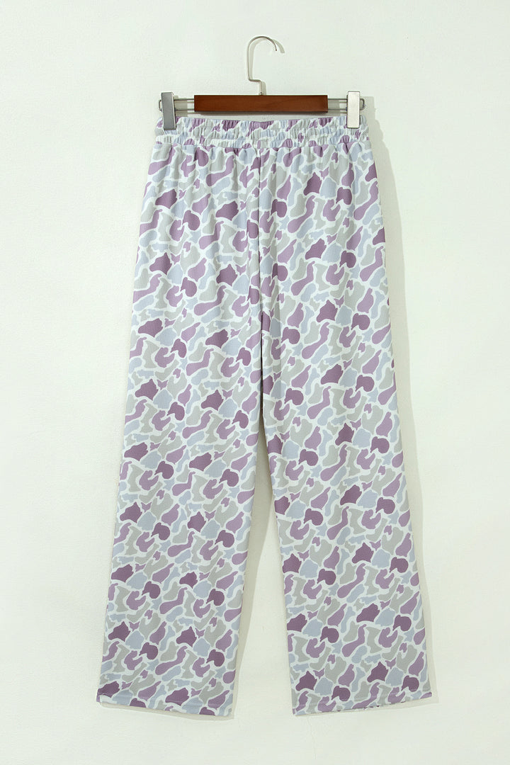 Green Camo Print Drawstring Waist Loose Fit Full Length Pants