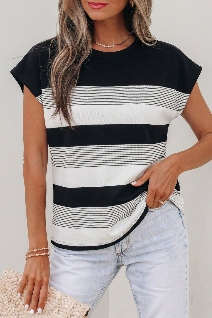 Black Stripe Mixed Print Crew Neck Cap Sleeve T Shirt