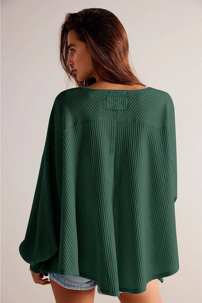 Blackish Green Waffle V Neck Long Sleeve Drop Shoulder Loose Blouse