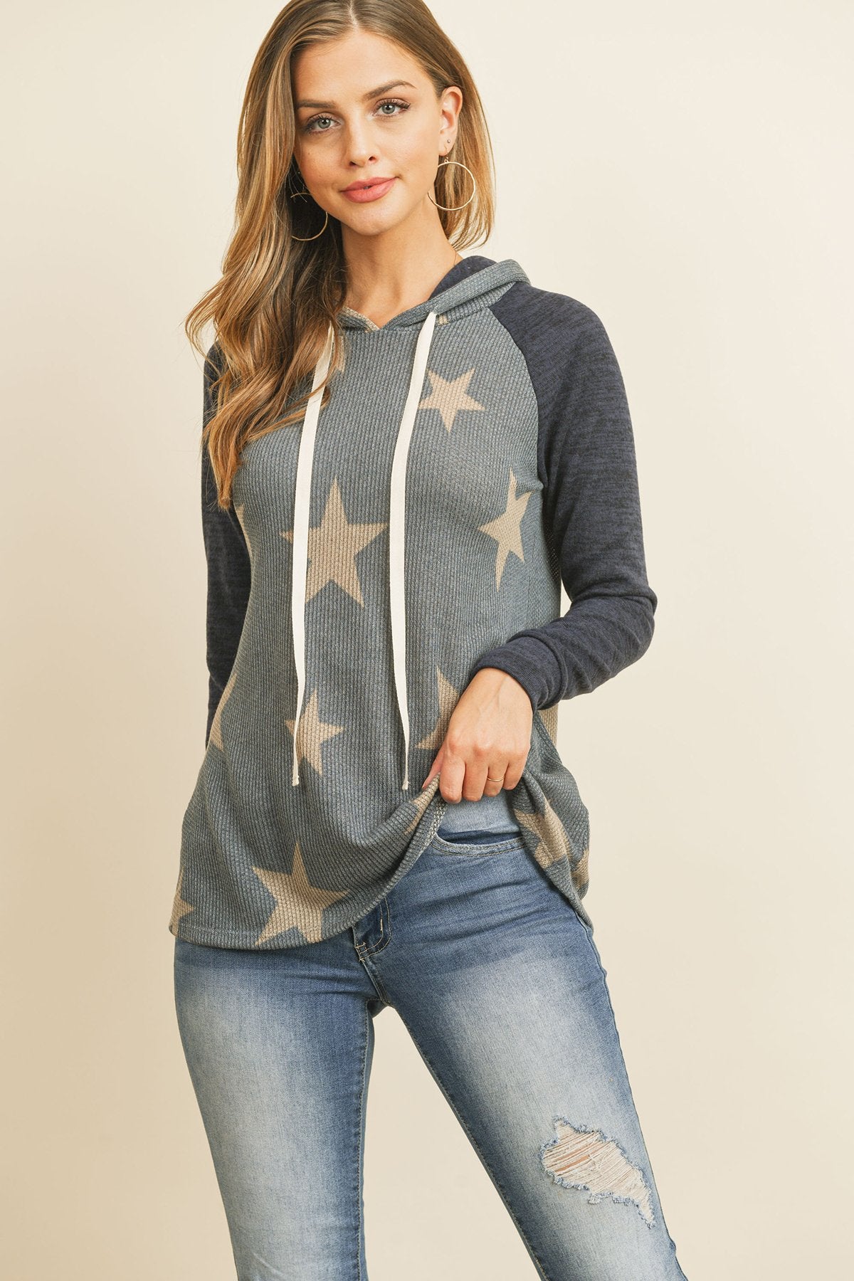 Brushed Hacci Sleeve Rib Detail Star Print Hoodie With Drawstring