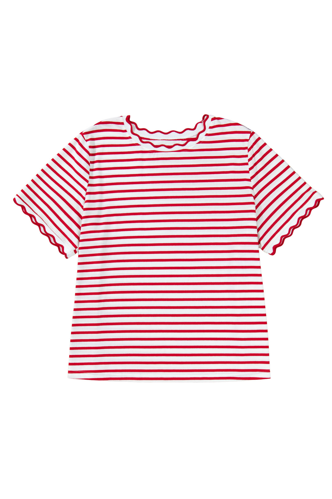 Red Stripe Plus Size Scalloped Trim Round Neck Short Sleeve Top