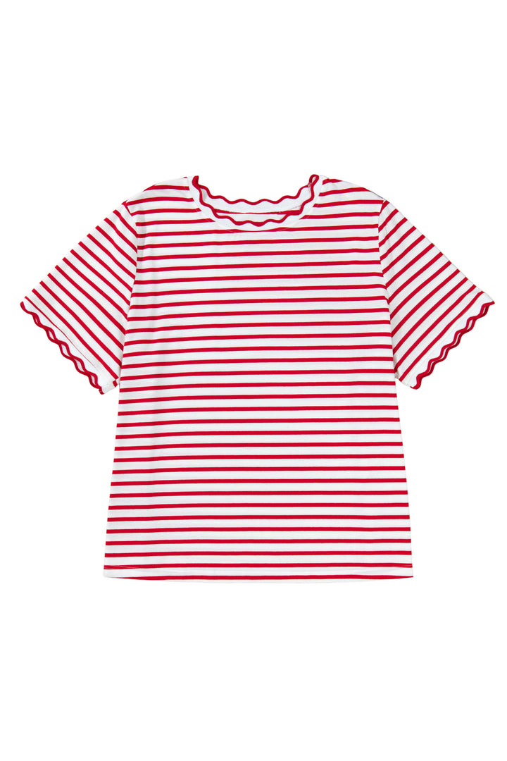 Red Stripe Plus Size Scalloped Trim Round Neck Short Sleeve Top