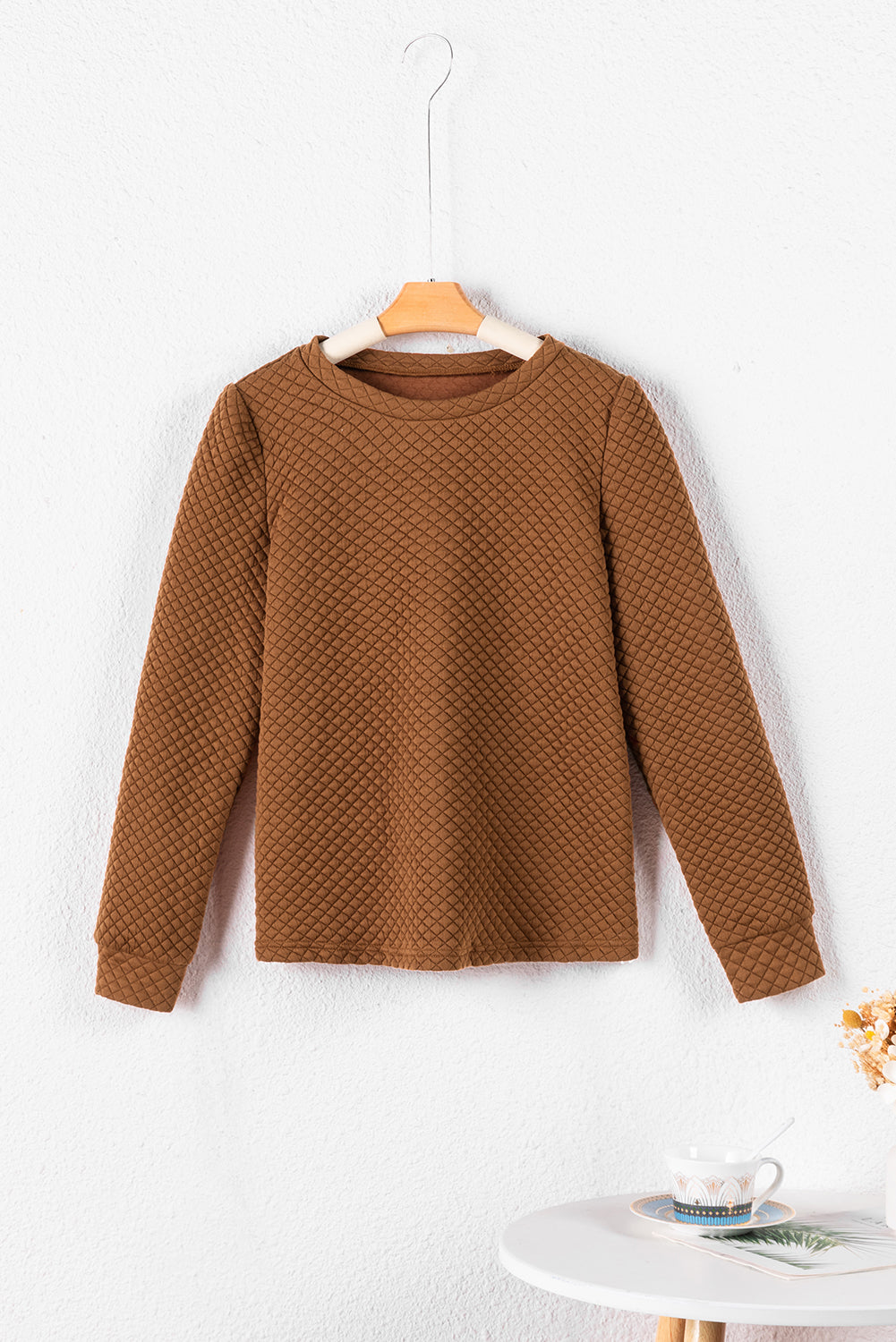 Brown Solid Color Quilted Puff Sleeve Pullover Sweatshirt