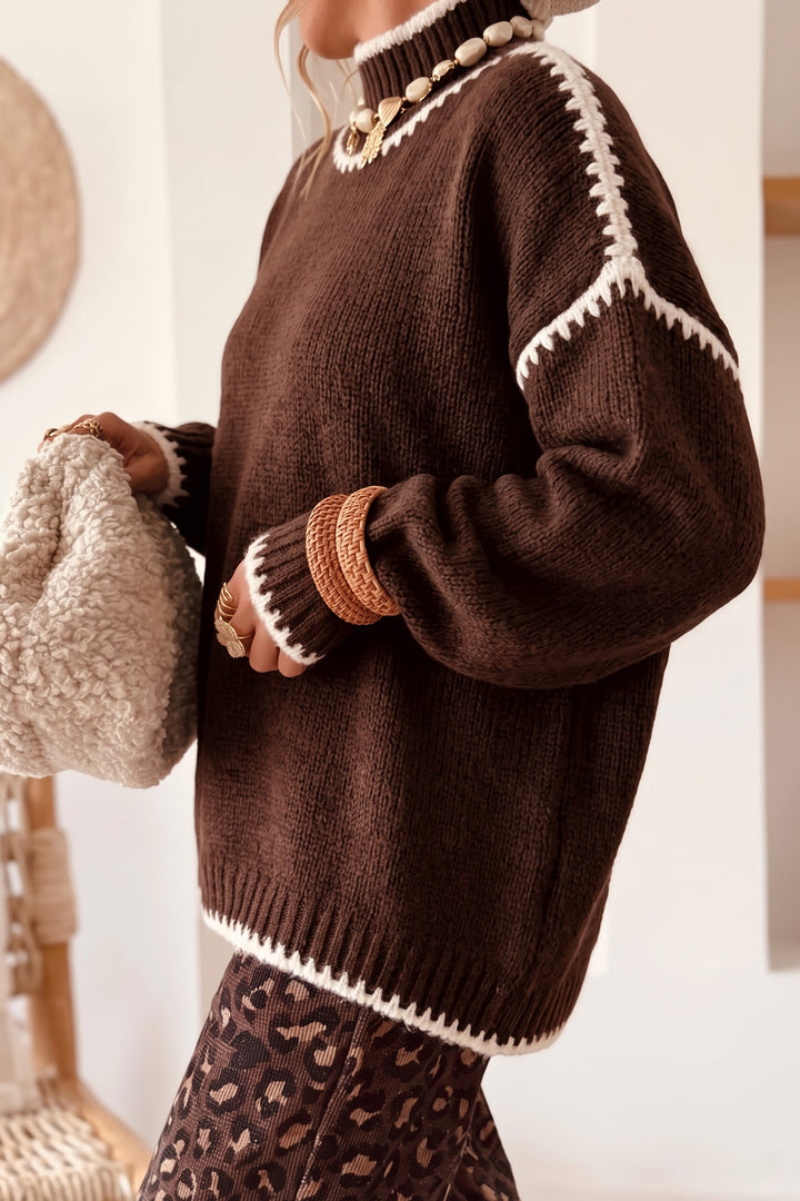 Dark Khaki Contrast Trim Mock Neck Drop Shoulder Relaxed Sweater