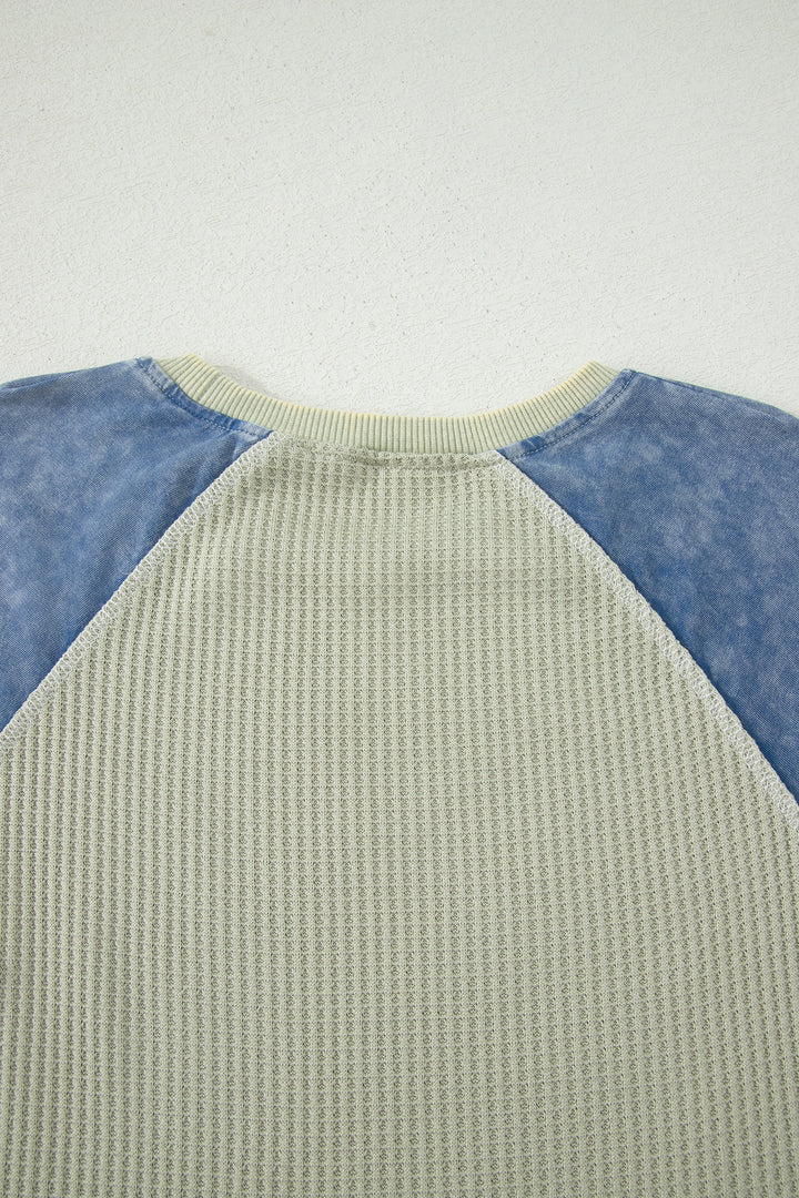 Carbon Grey Waffle Knit Seam Detail Color Block Patchwork Short Sleeve Top