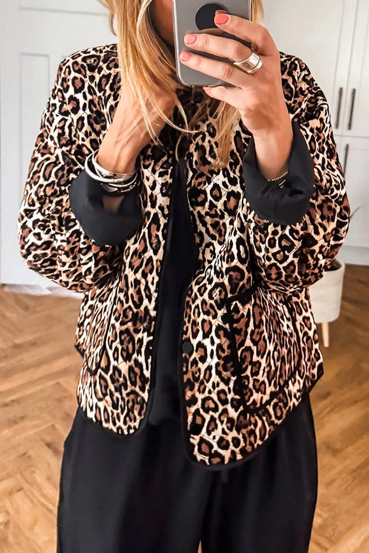 Brown Leopard Print Quilted Button Front Patch Pockets Jacket