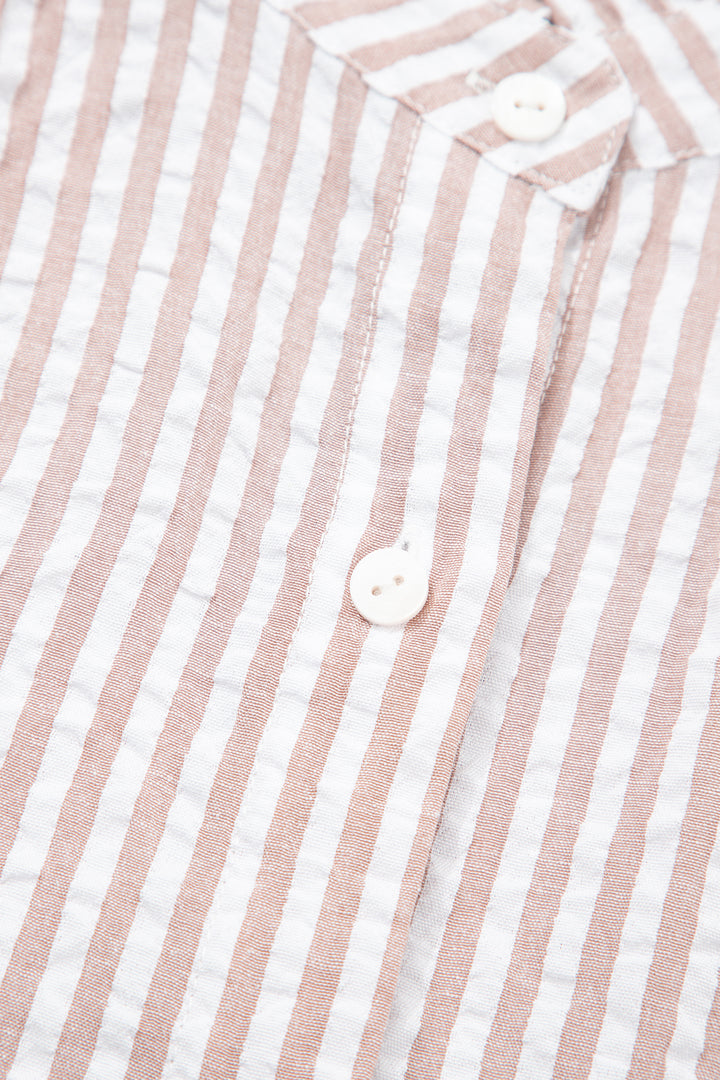 Khaki Stripe Frilled Collar Half Sleeve Shirt Maxi Dress