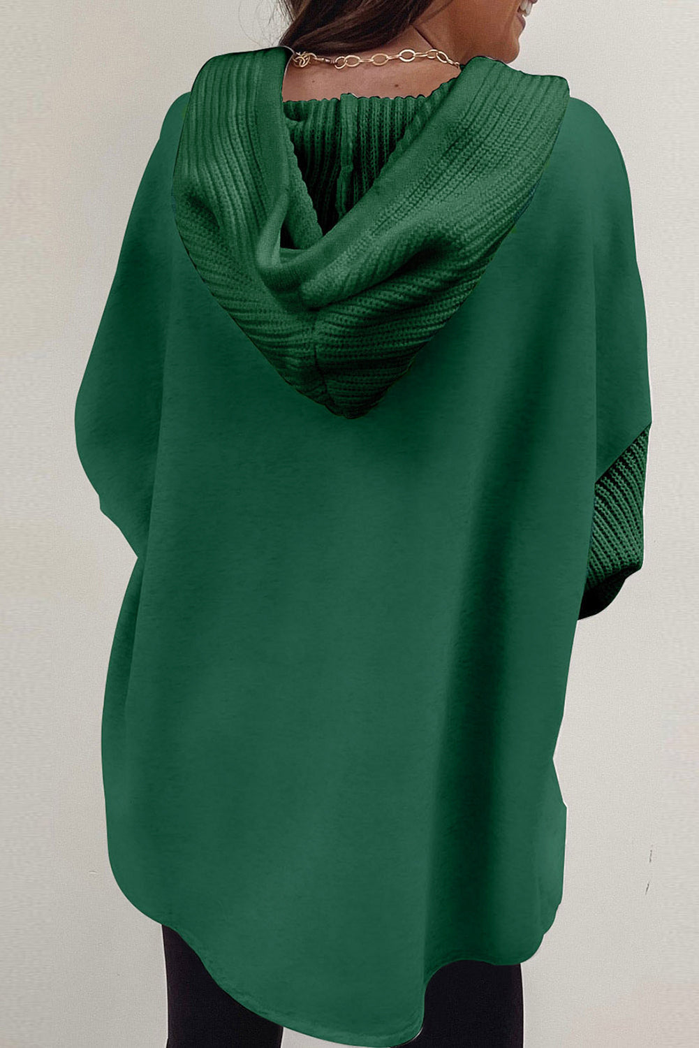 Blackish Green Button Up Contrast Knitted Sleeves Hooded Jacket