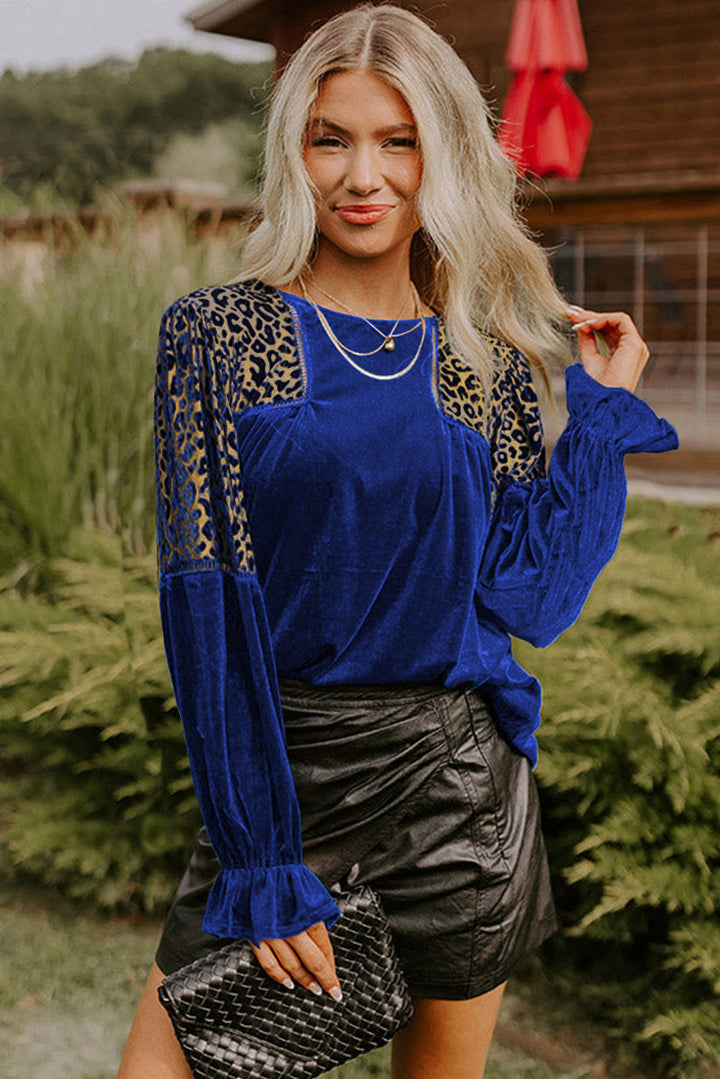 Sky Blue Leopard Patchwork Shoulder Flounce Sleeve Velvet Blouse