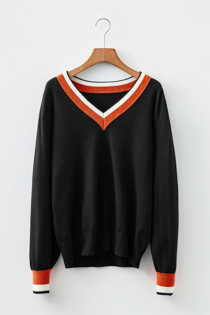 Black Contrast Striped Trim V Neck Varsity Sweater
