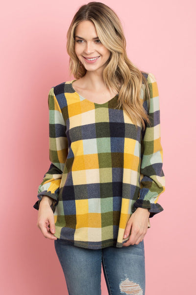 V-Neck Ruffle Sleeves Plaid Top