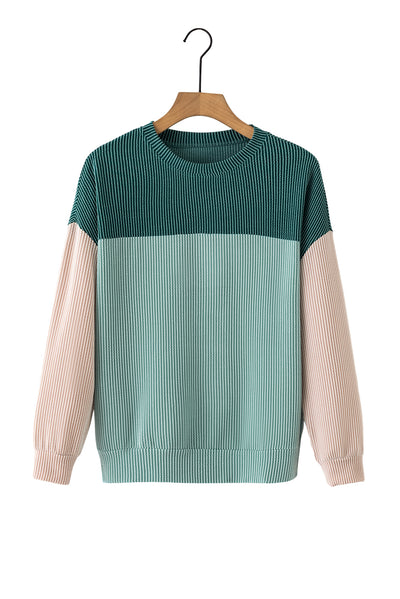 Green Color Block Long Sleeve Ribbed Loose Top