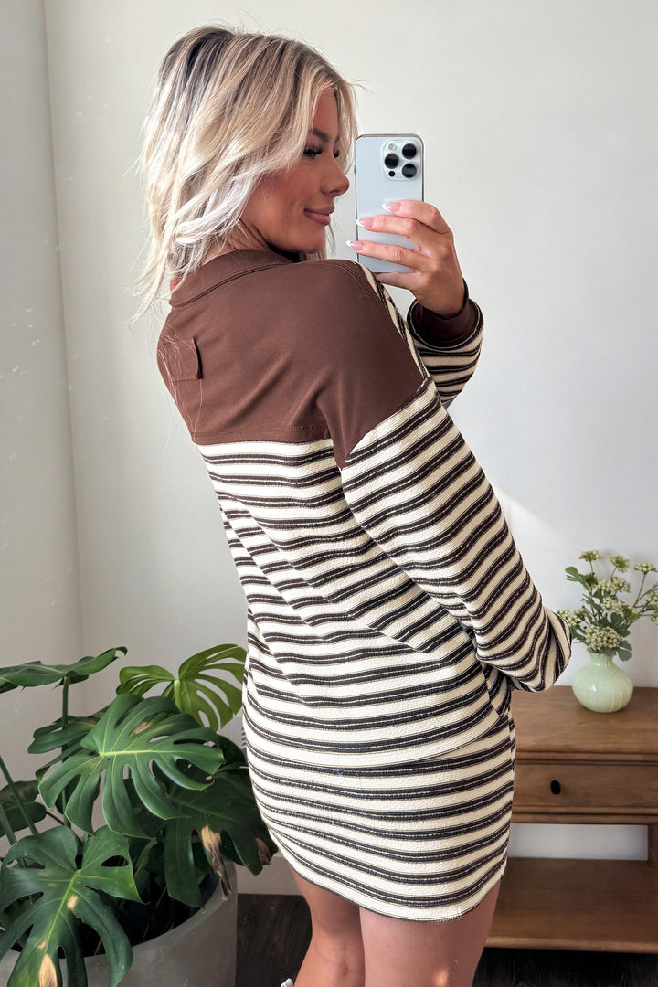 Brown Stripe Contrast Trim Button Neck Long Sleeve Top Drawstring Mini Skirt Set