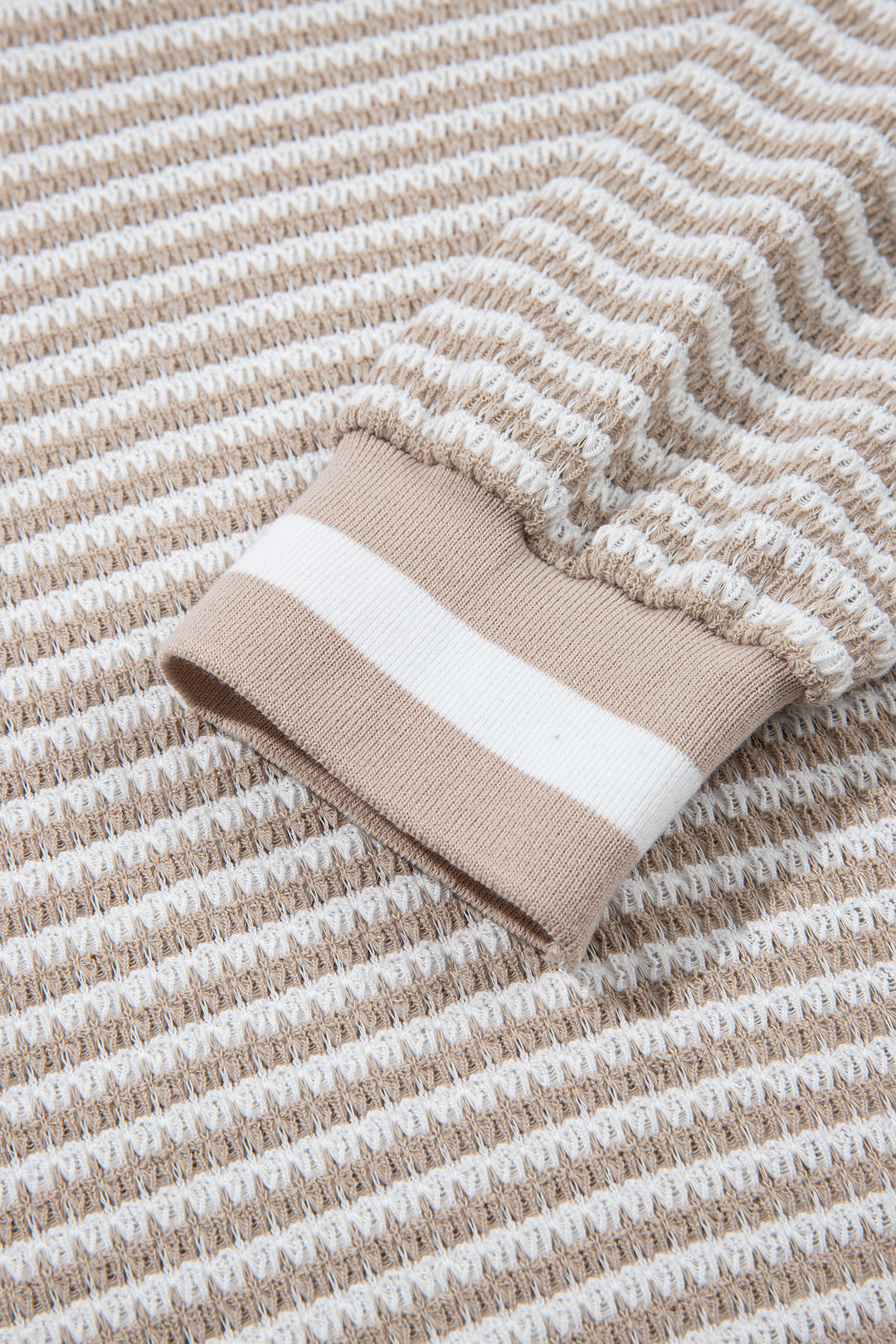 Beige Striped Textured Knit V Neck Casual Top