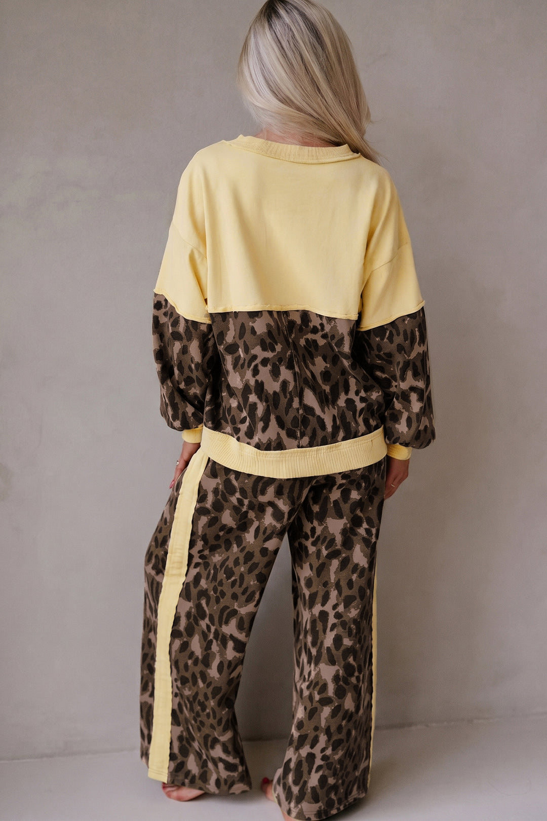 Brown Leopard Print Long Sleeve V-Neck Wide Leg Pant Set