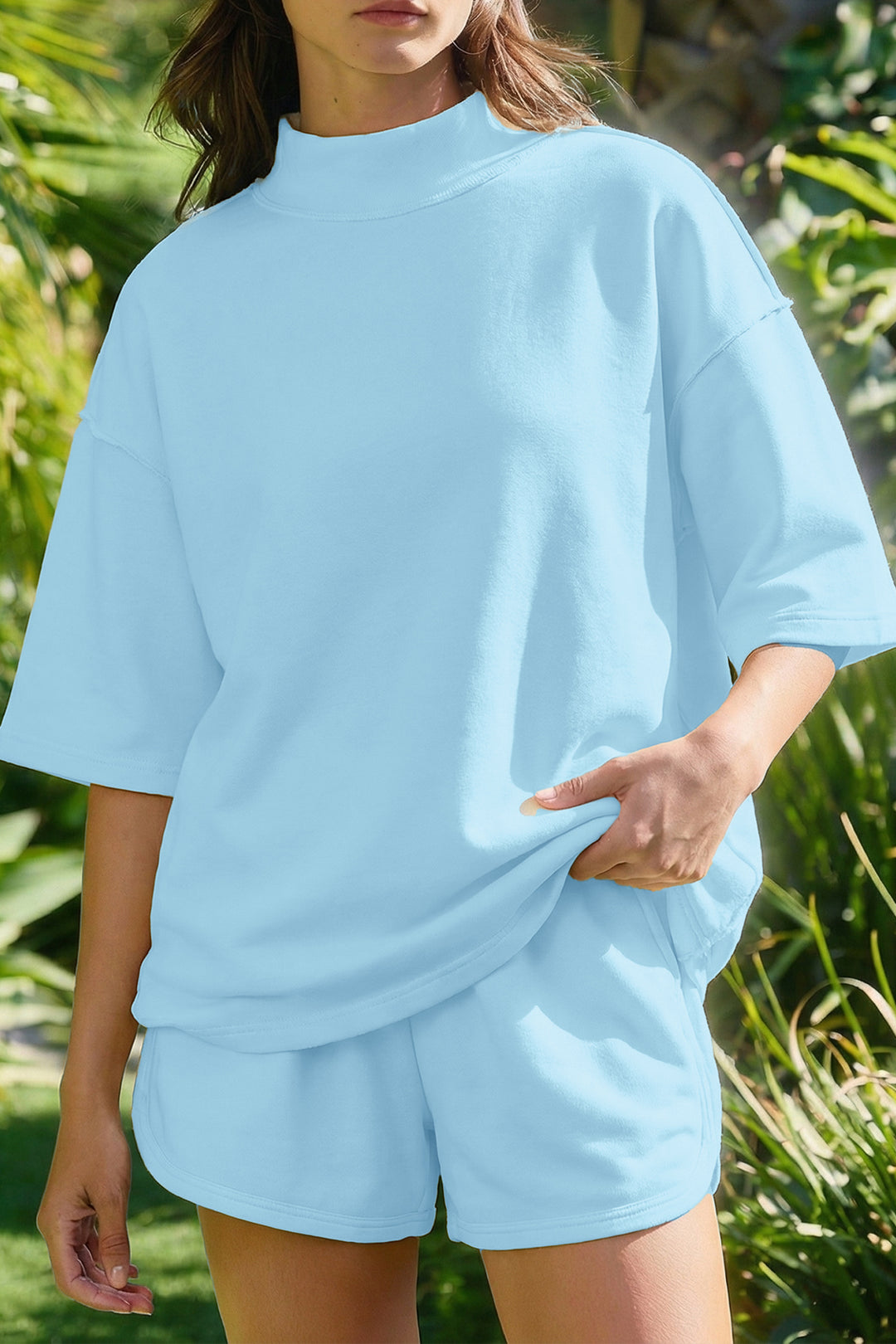 Yellow Cream Solid Color Exposed Seam Mock Neck Oversize Tee Casual Shorts 2pcs Outfit
