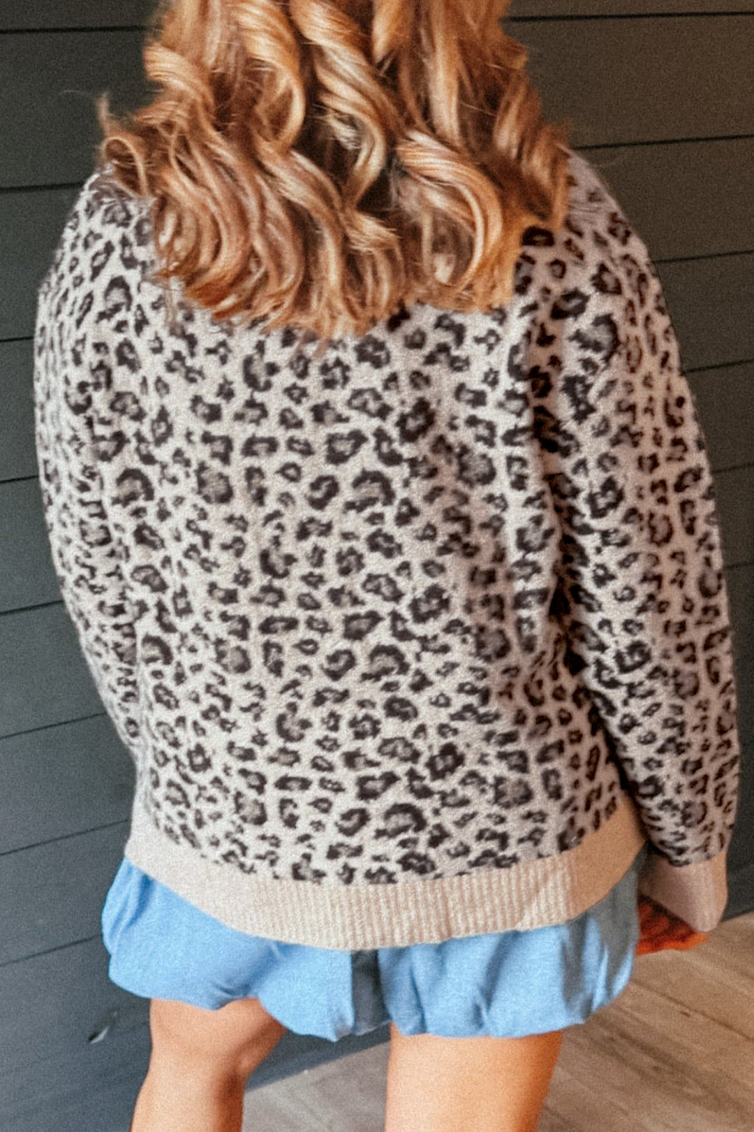 Beige Leopard Print Ribbed Color Block Trim Pullover Sweater
