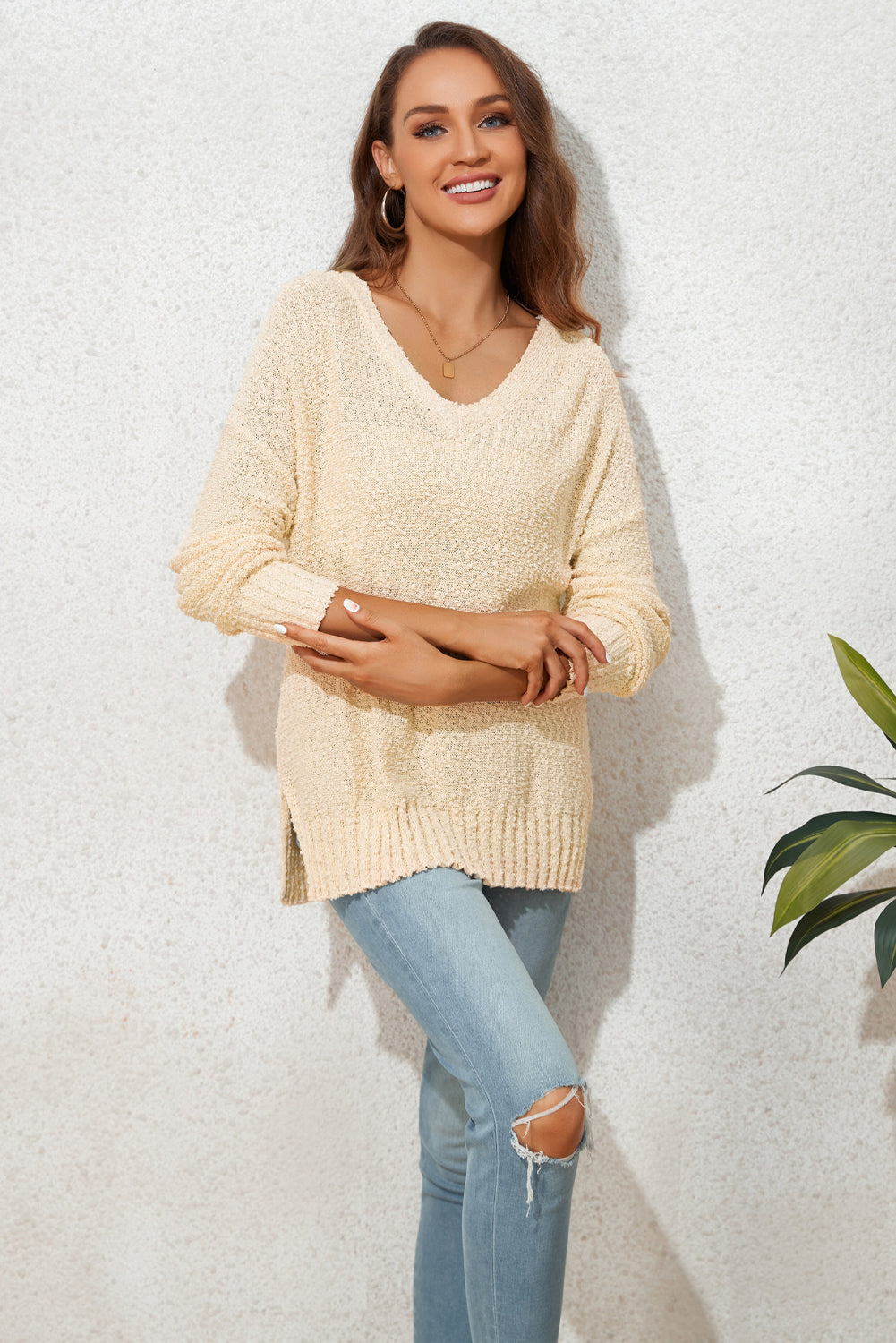 Beige Solid Fuzzy V-Neck Sweater