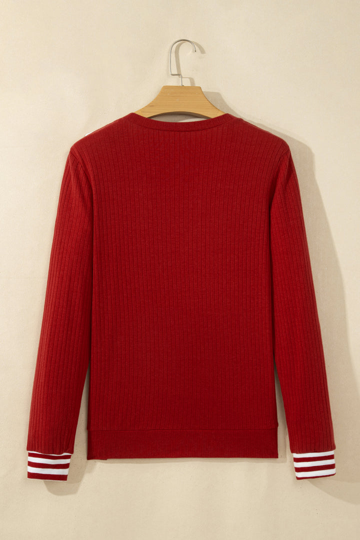 Red Dahlia Striped Contrast Tie Collar Cuffed Casual Long Sleeve Top