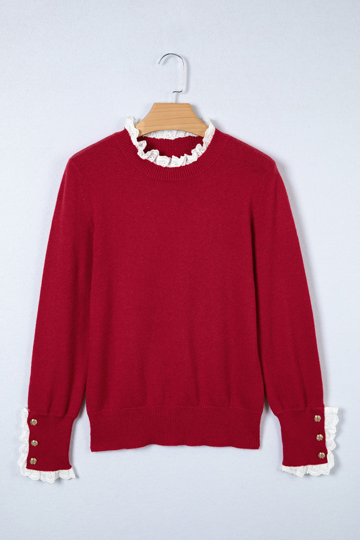 Racing Red Lace Trim Patchwork Buttoned Cuffs Loose Sweater