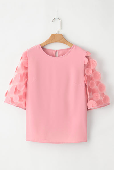 Dusty Pink Contrast Applique Mesh Half Sleeve Blouse