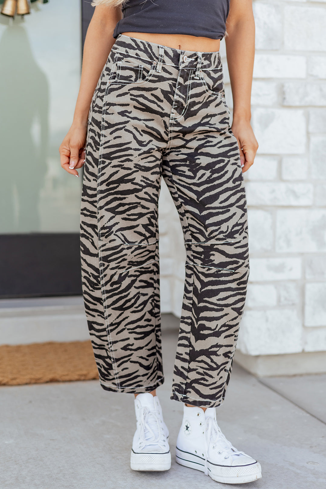 Gray Zebra Stripe Printed Wide Leg Jeans
