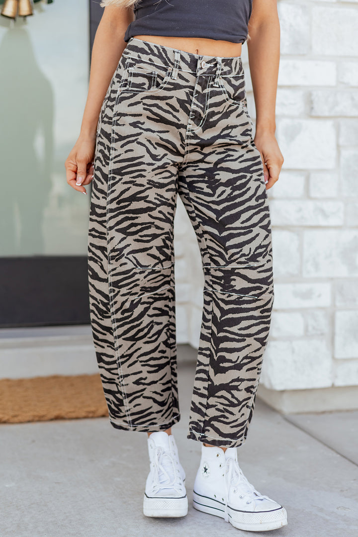 Gray Zebra Stripe Printed Wide Leg Jeans