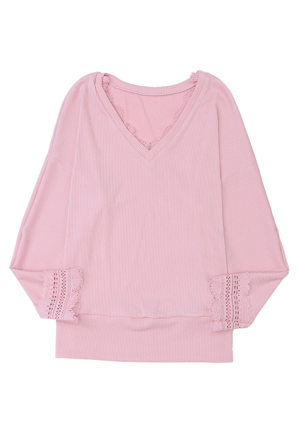 Pink Ribbed Texture Lace Trim V Neck Long Sleeve Top